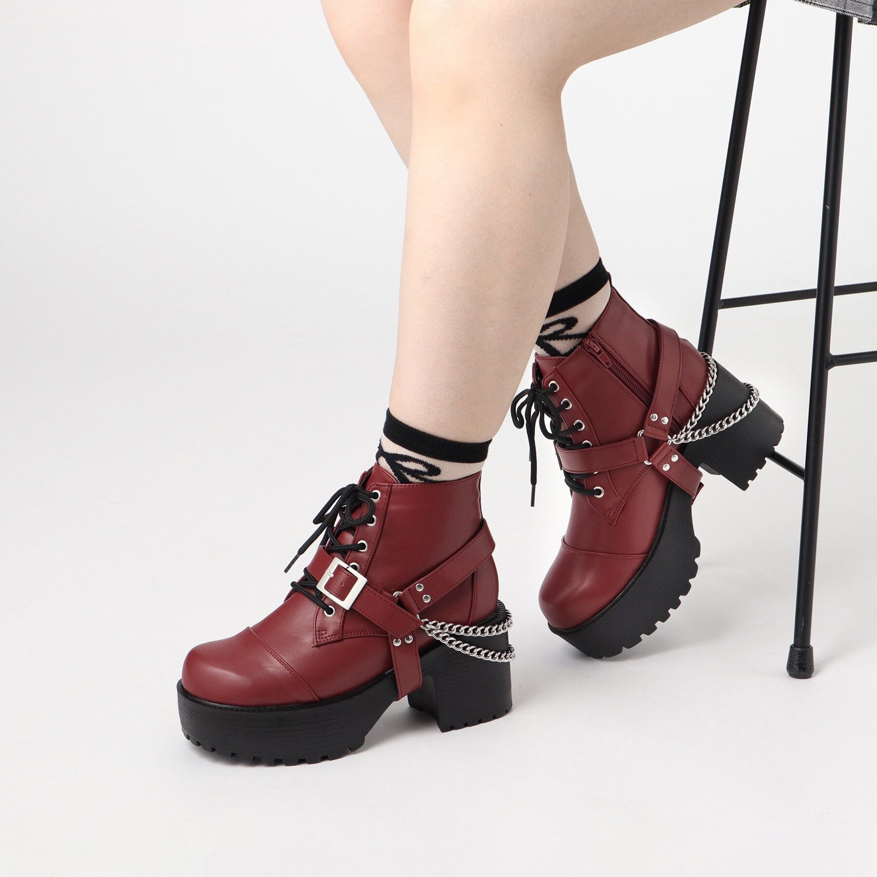 csT&P「厚底チェーンベルト付き2WAYレースアップブーツ」|ショートブーツ|