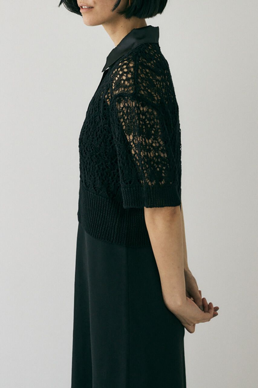 MOUSSY「吸湿､速乾性のある麻を使用したﾚｰｽ編みﾆｯﾄ 襟と前立てをｻﾃﾝで」|シャツ・ブラウス|