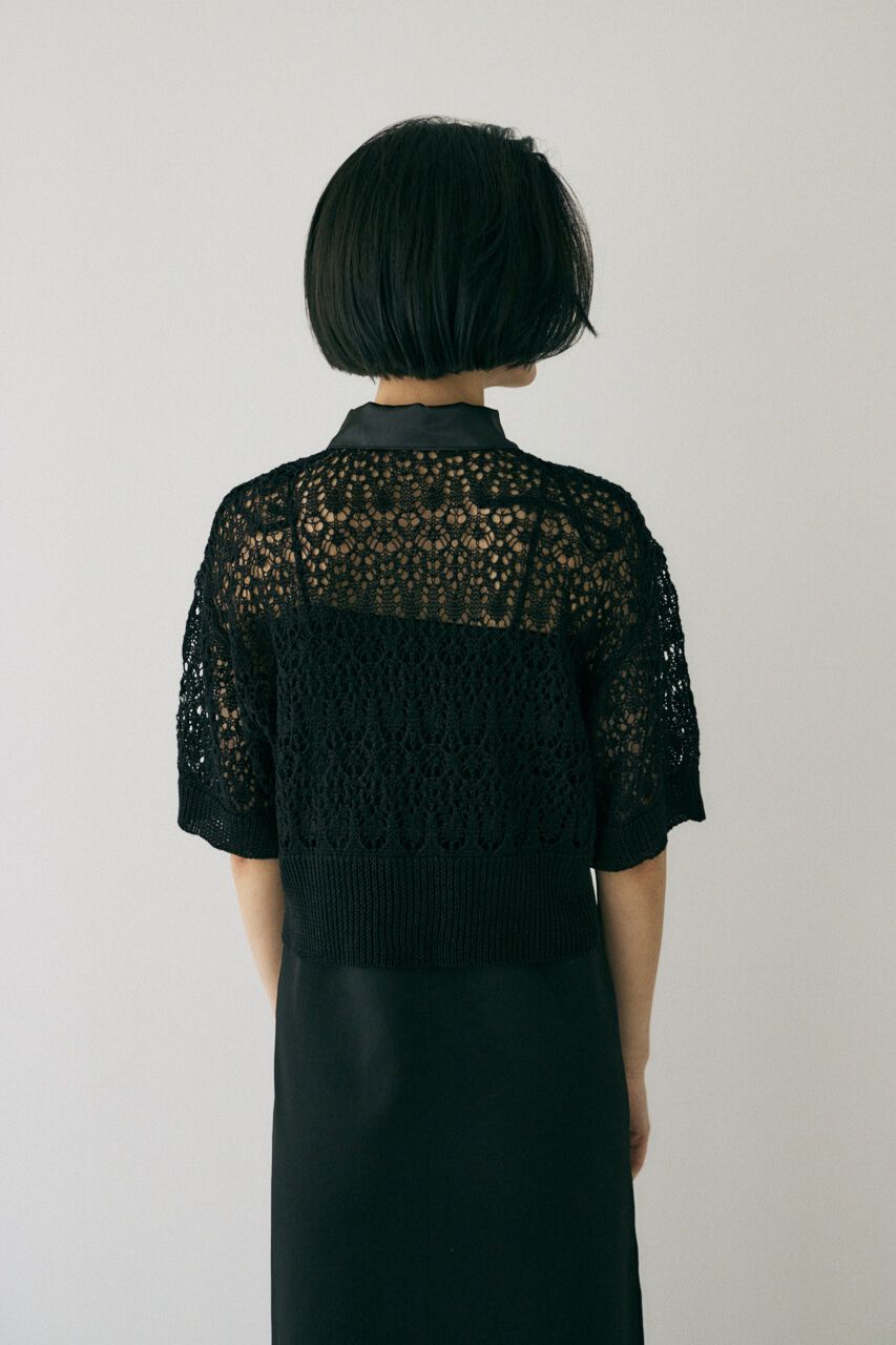 MOUSSY「吸湿､速乾性のある麻を使用したﾚｰｽ編みﾆｯﾄ 襟と前立てをｻﾃﾝで」|シャツ・ブラウス|