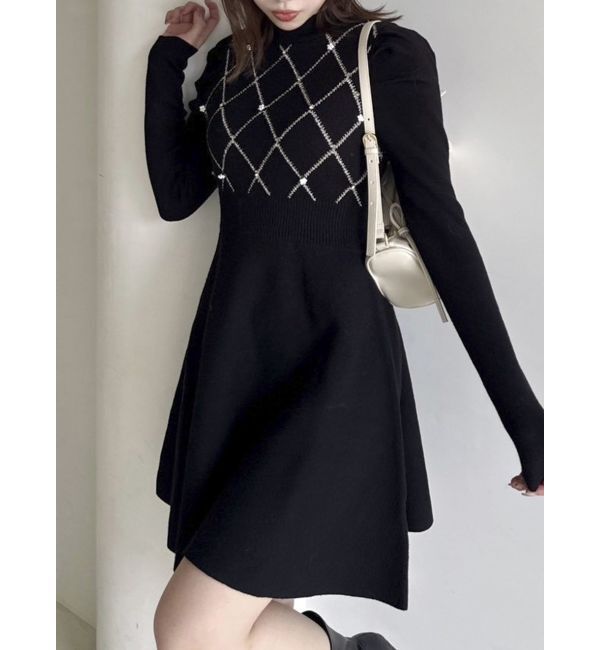 dazzlin「モチーフパターンニットミニワンピース」|ワンピース|ブラック