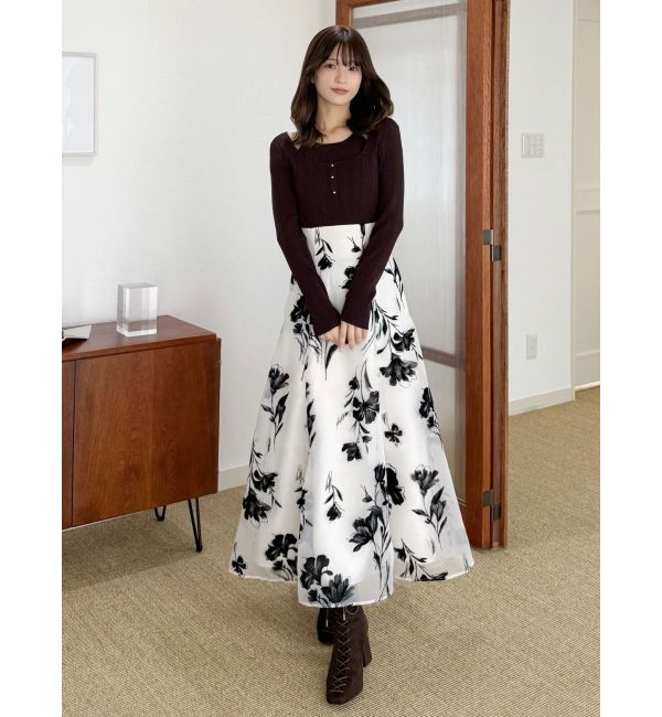 MERCURYDUO「フロッキープリントフレアスカート」|スカート|