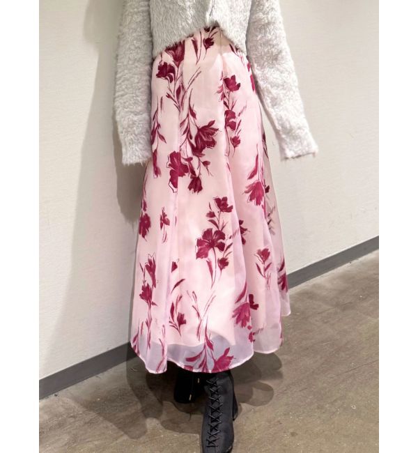 MERCURYDUO「フロッキープリントフレアスカート」|スカート|ピンク