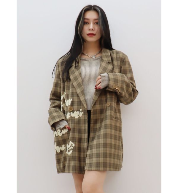 EVRIS「グラフィックオーバーサイズチェックジャケット」|テーラードジャケット|ブラウン