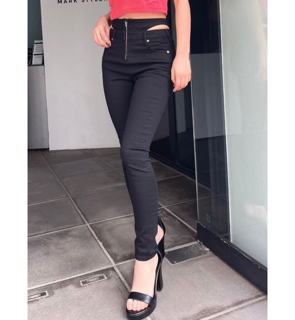 GYDA「ハイウエスト オープンフロントファスナー デザインスキニーデニムパンツ」|デニム|ブラック