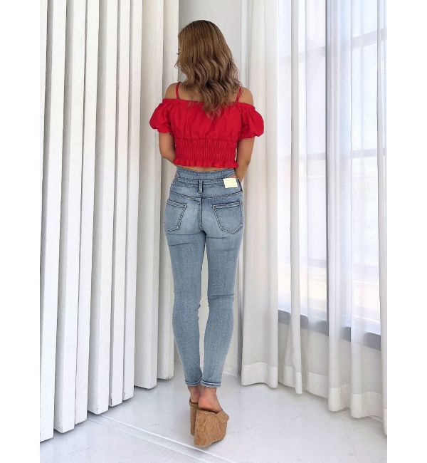 GYDA「ハイウエスト オープンフロントファスナー デザインスキニーデニムパンツ」|デニム|