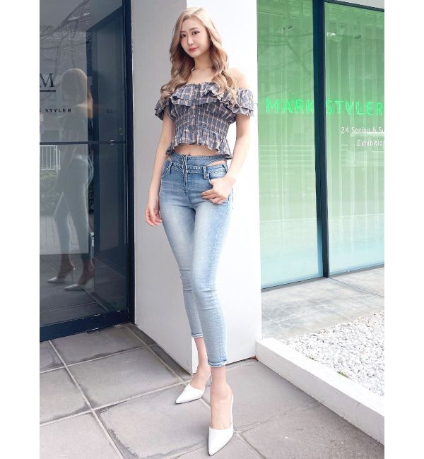 GYDA「ハイウエスト オープンフロントファスナー デザインスキニーデニムパンツ」|デニム|