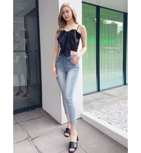 GYDA「ハイウエスト オープンフロントファスナー デザインスキニーデニムパンツ」|デニム|