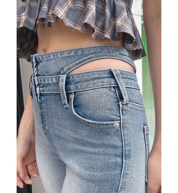 GYDA「ハイウエスト オープンフロントファスナー デザインスキニーデニムパンツ」|デニム|