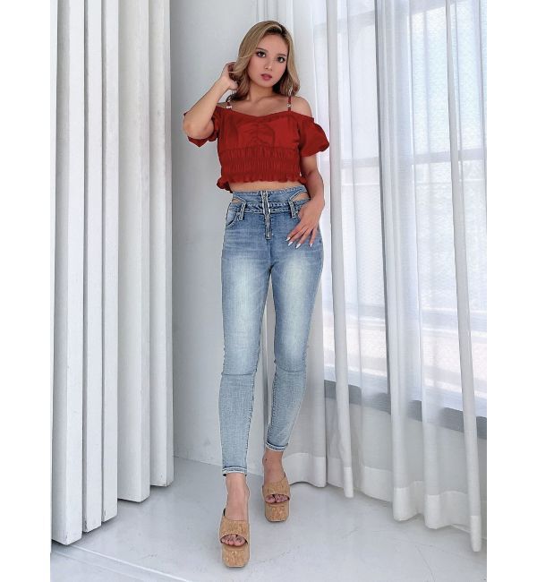 GYDA「ハイウエスト オープンフロントファスナー デザインスキニーデニムパンツ」|デニム|