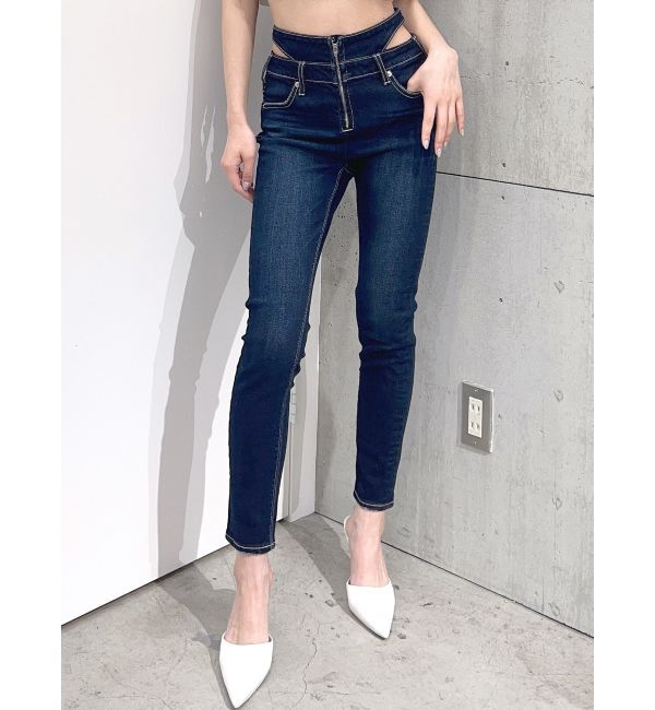 GYDA「ハイウエスト オープンフロントファスナー デザインスキニーデニムパンツ」|デニム|インディゴ
