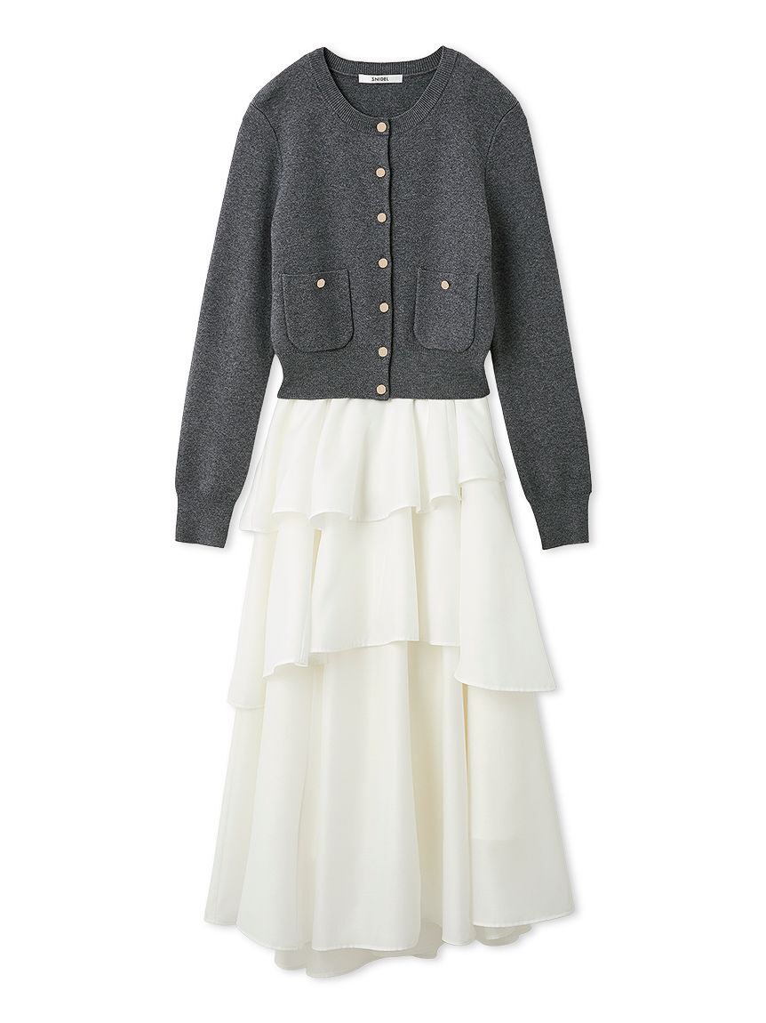 SNIDEL「Sustainableニットカーデ&times;ティアードスカートセット」|ワンピース|GRY