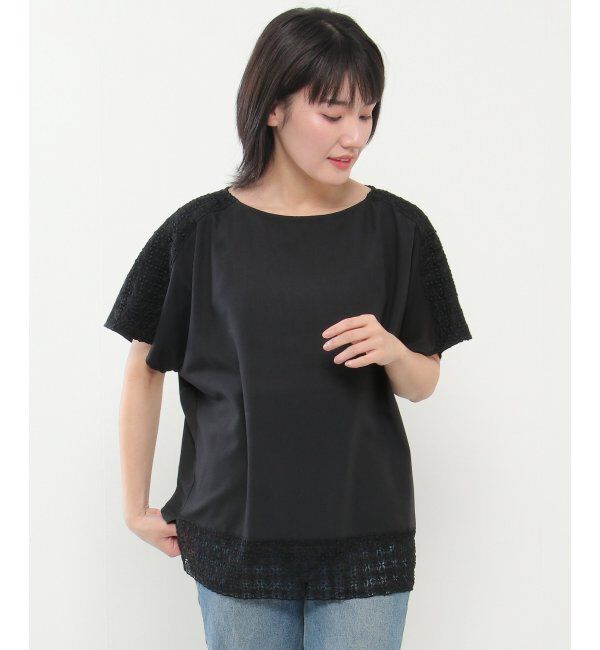 ikka「レース切り替えTブラウス」|シャツ・ブラウス|チャコール