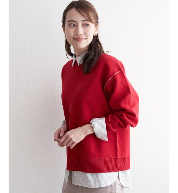 ikka「ダブルフェイススウェットライクニット」|プルオーバー|レッド