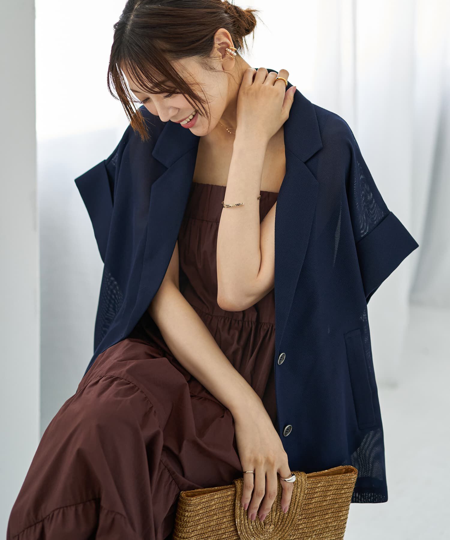 STYLE DELI「メッシュ生地の袖口折り返しジャケット」|テーラードジャケット|ネイビー