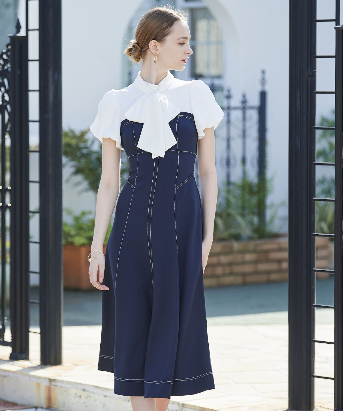 アンドクチュール「ヨーク切替バルーンスリーブシャツワンピース」|ワンピース|