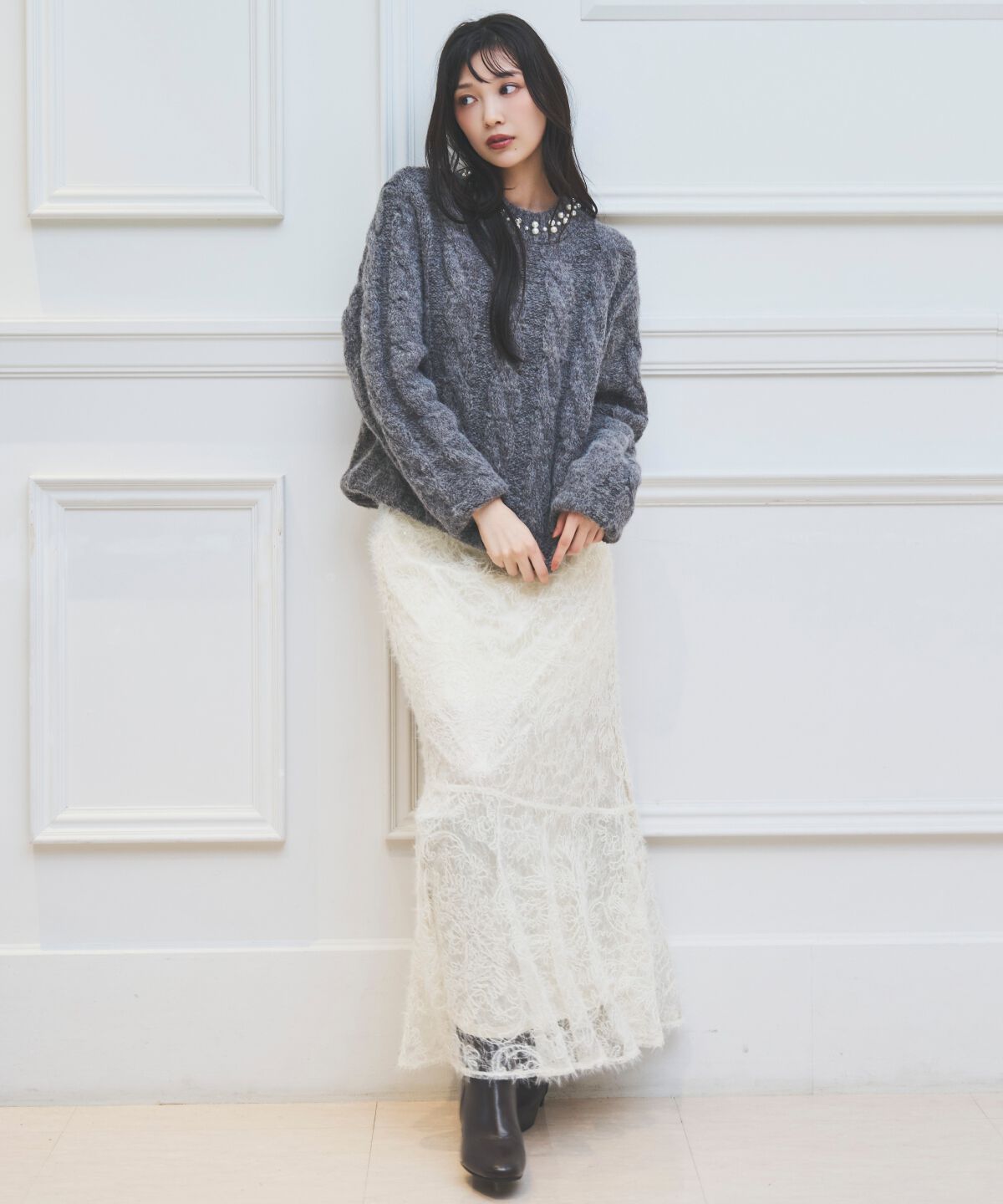 アンドクチュール「へアリーレースマーメイドスカート」|フレア|白系その他