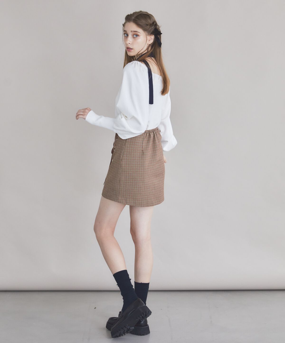 REDYAZEL「リボンレースアップミニスカート」|タイト|