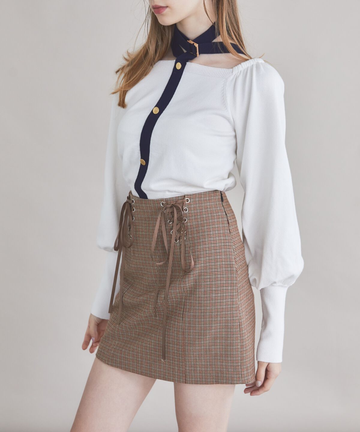 REDYAZEL「リボンレースアップミニスカート」|タイト|