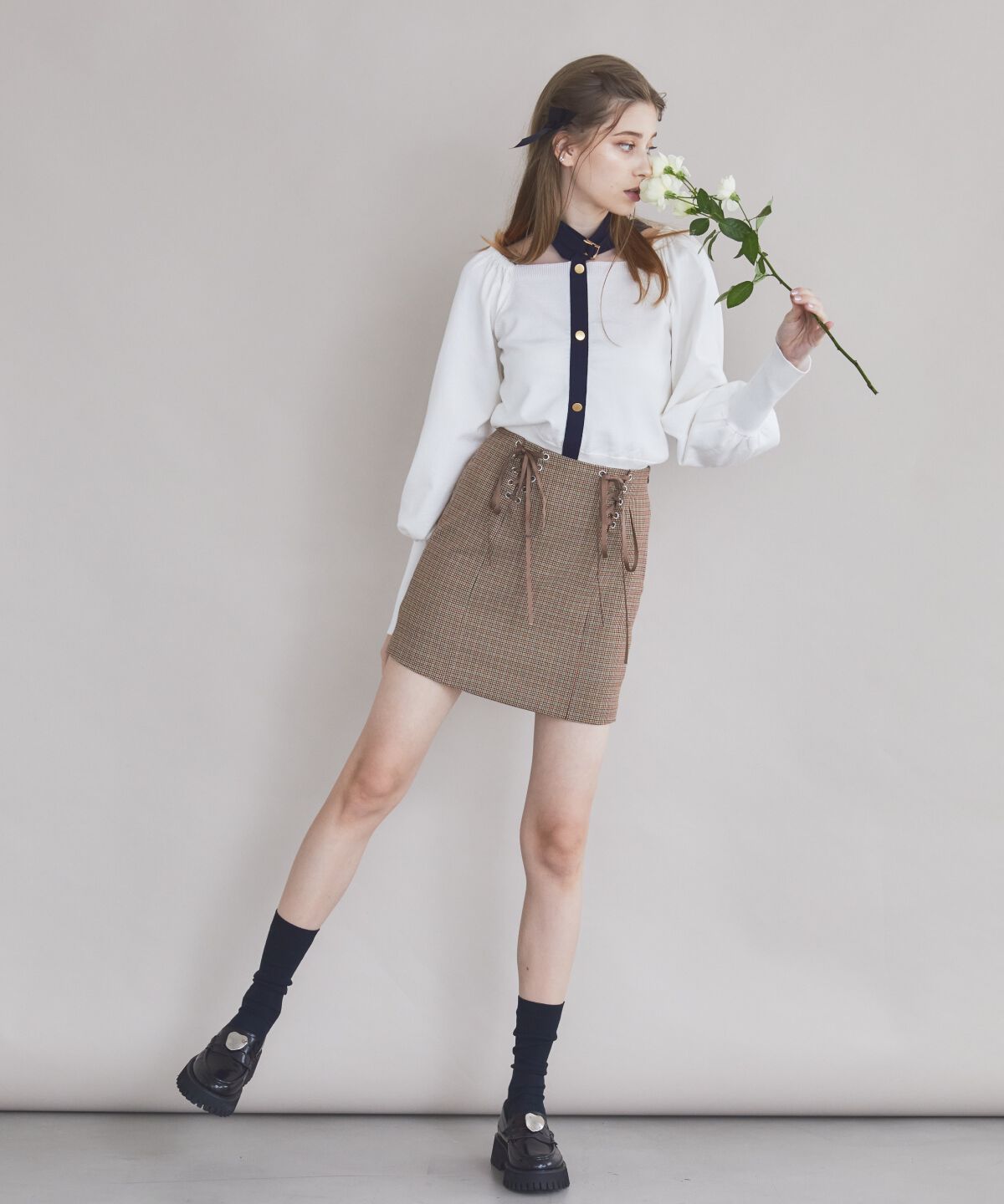 REDYAZEL「リボンレースアップミニスカート」|タイト|