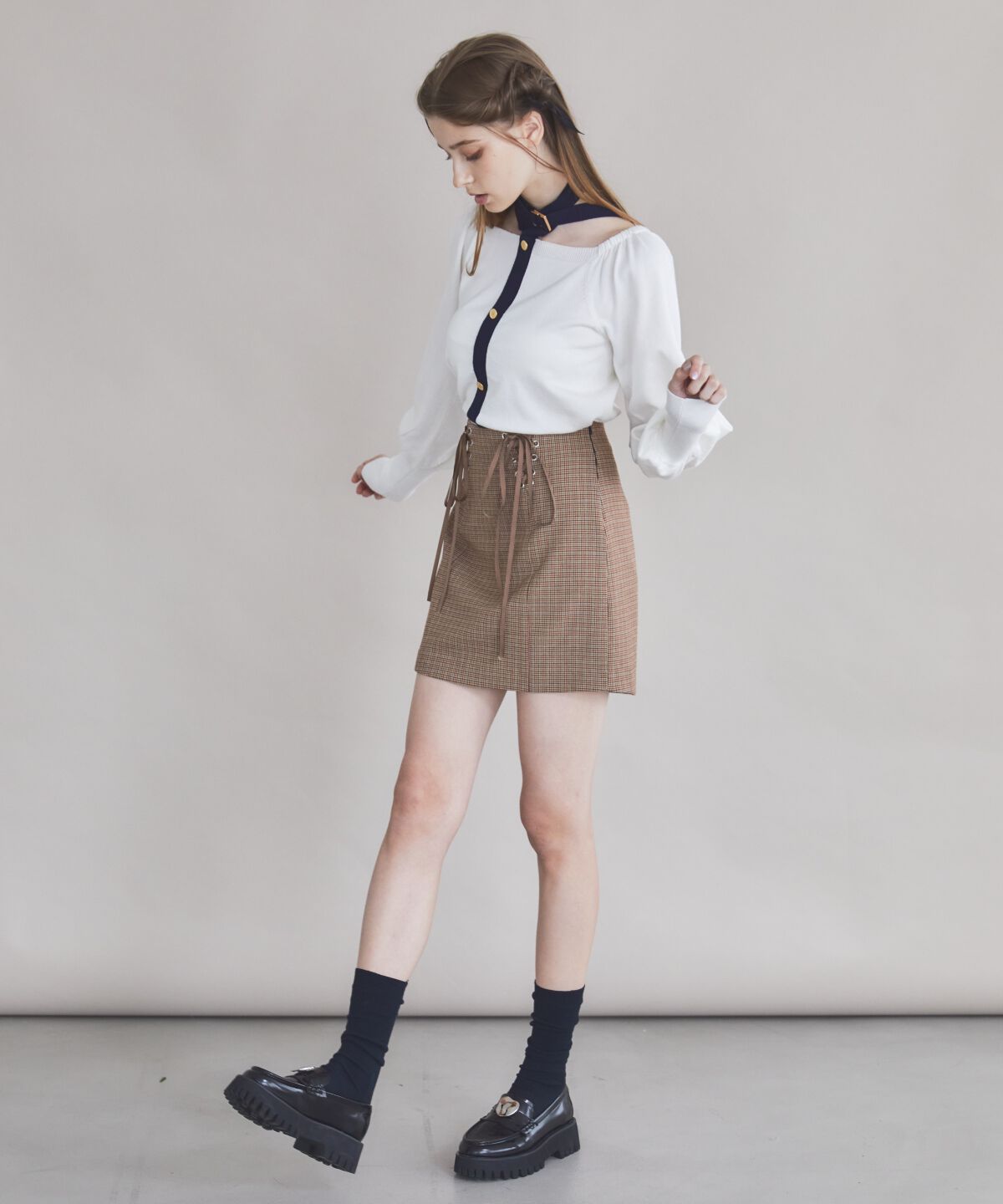 REDYAZEL「リボンレースアップミニスカート」|タイト|