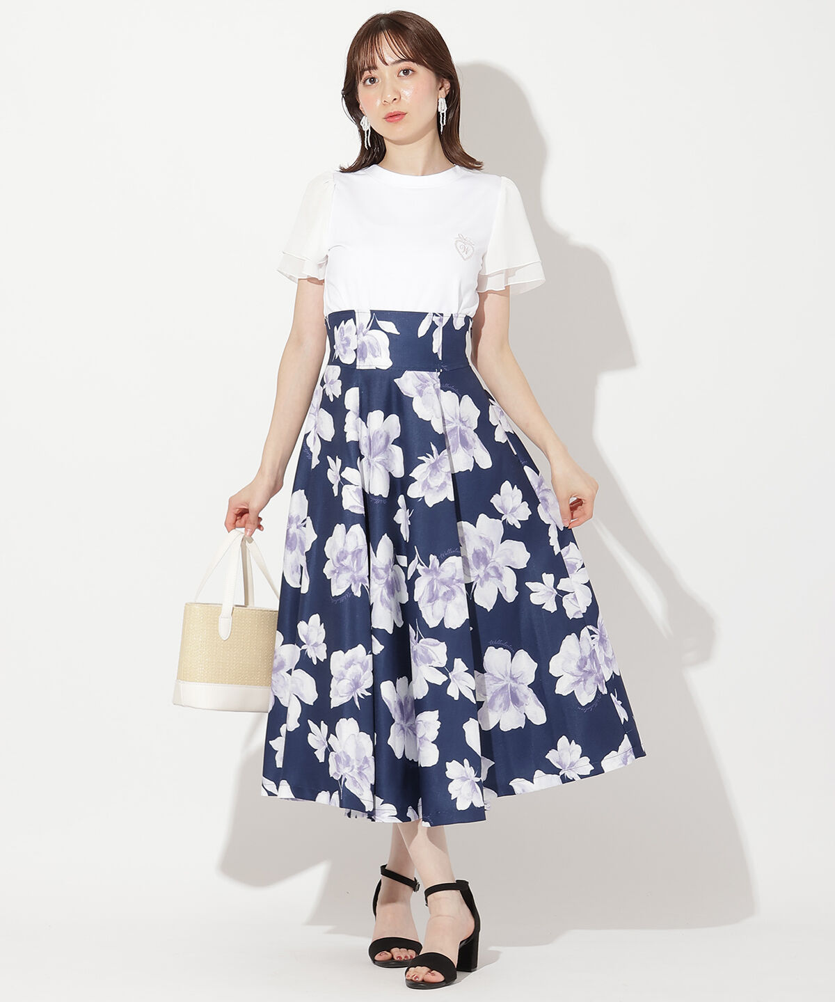 WILLSELECTION「水彩フラワープリントスカート」|フレア|紺系花柄