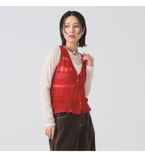 Ray BEAMS 「ボーダー レース編み ベスト」|ニット・セーター|RED