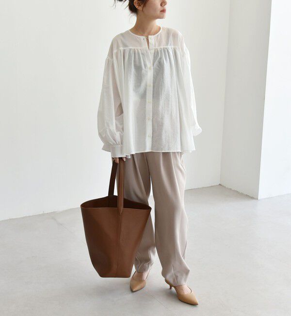 quaranciel「quaranciel:〈洗濯機可能〉シアー ギャザー クルーネック シャツ ブラウス」|シャツ・ブラウス|