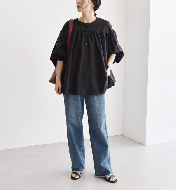 quaranciel「quaranciel:〈洗濯機可能〉シアー ギャザー クルーネック シャツ ブラウス」|シャツ・ブラウス|