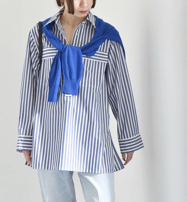 quaranciel「quaranciel:〈洗濯機可能〉REPREVE スキッパー ポケット チュニック シャツ」|シャツ・ブラウス|ネイビー