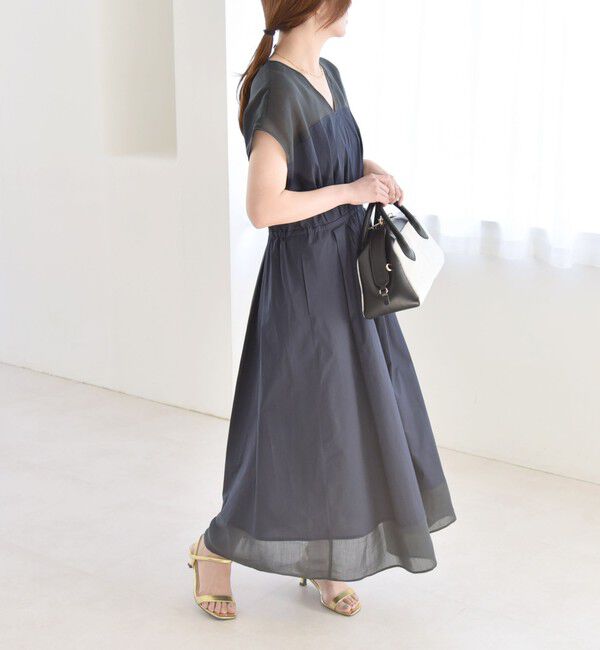 quaranciel「quaranciel :〈洗濯機可能〉シアー ドッキング Vネック フレンチスリーブ ワンピース」|ワンピース|