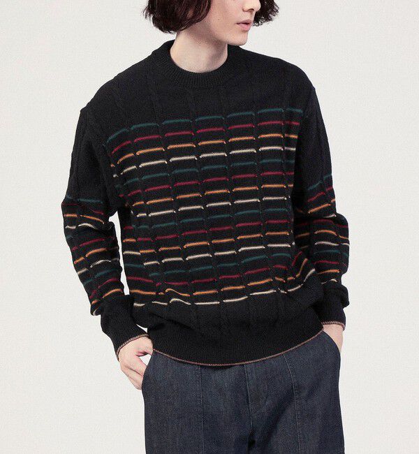 TOMORROWLAND MENS「ウールナイロンコットン ケーブル&times;ボーダー クルーネックプルオーバー」|ニット・セーター|
