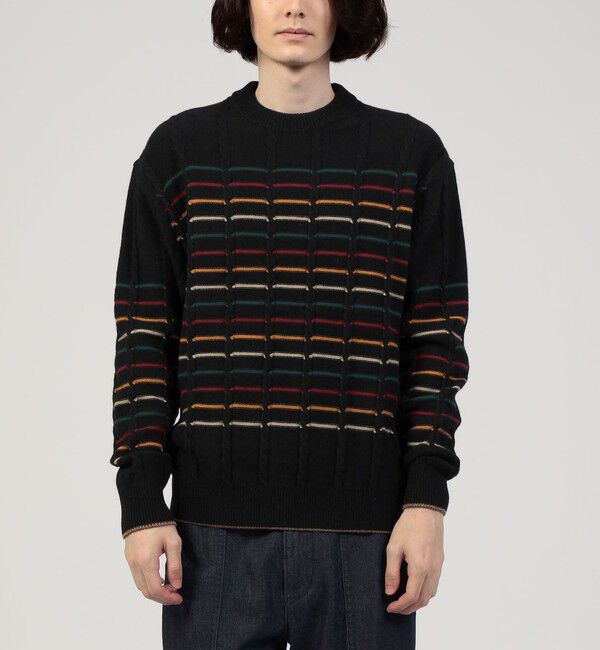 TOMORROWLAND MENS「ウールナイロンコットン ケーブル&times;ボーダー クルーネックプルオーバー」|ニット・セーター|