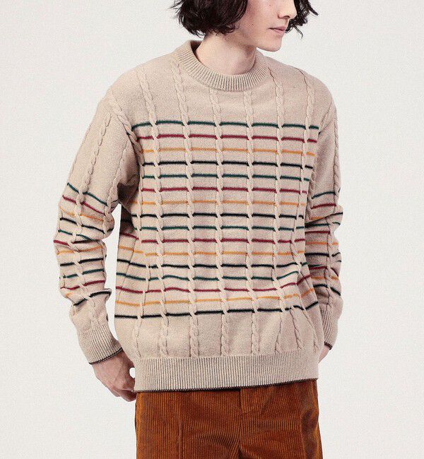 TOMORROWLAND MENS「ウールナイロンコットン ケーブル&times;ボーダー クルーネックプルオーバー」|ニット・セーター|