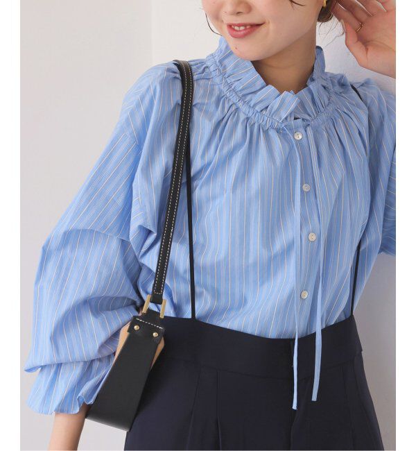 SLOBE IENA「《追加2》タイプライターフリルカラーブラウス」|シャツ・ブラウス|ブルー