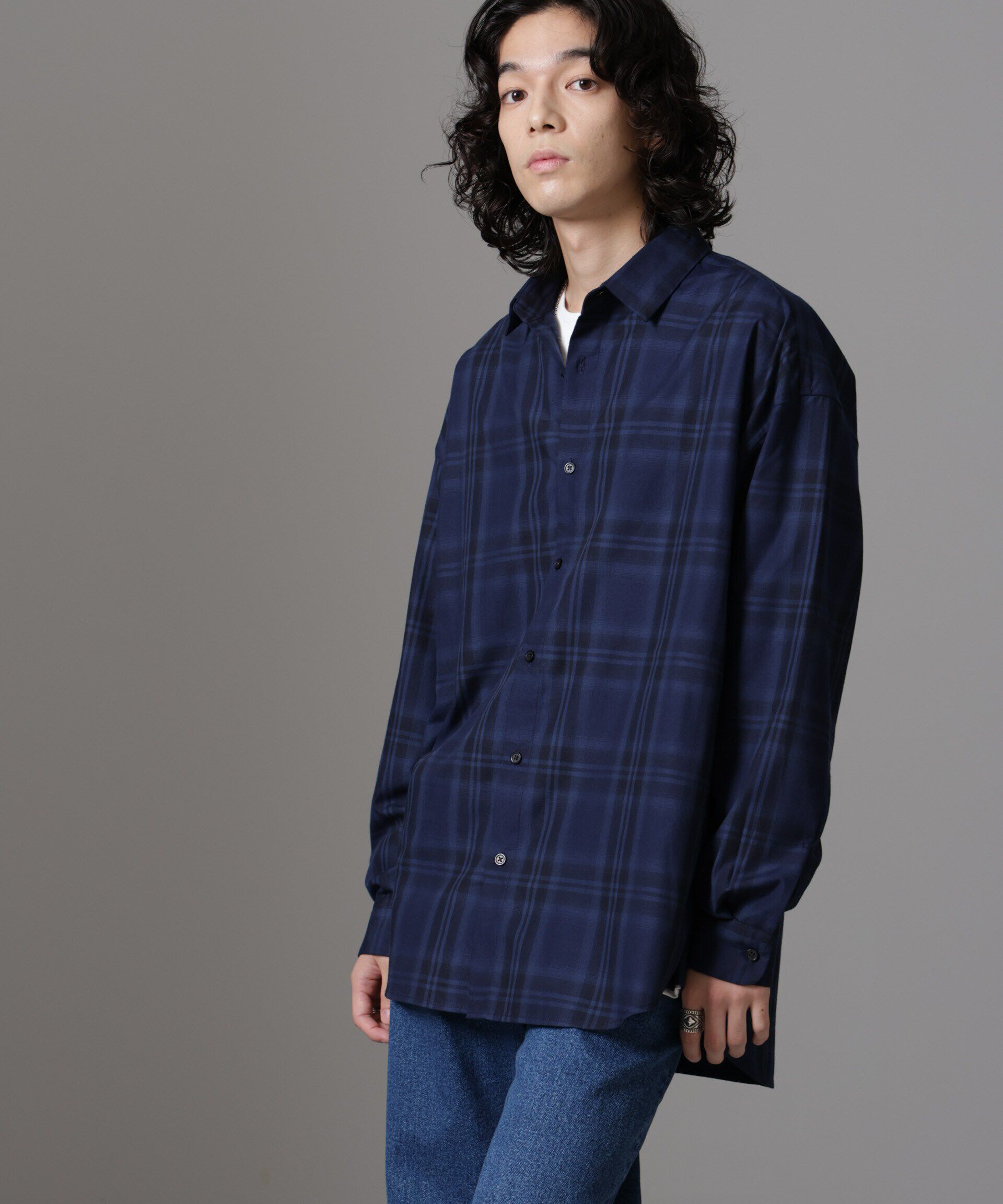 nano･universe「ビッグドレープチェックシャツ 長袖」|シャツ・ブラウス|ネイビー