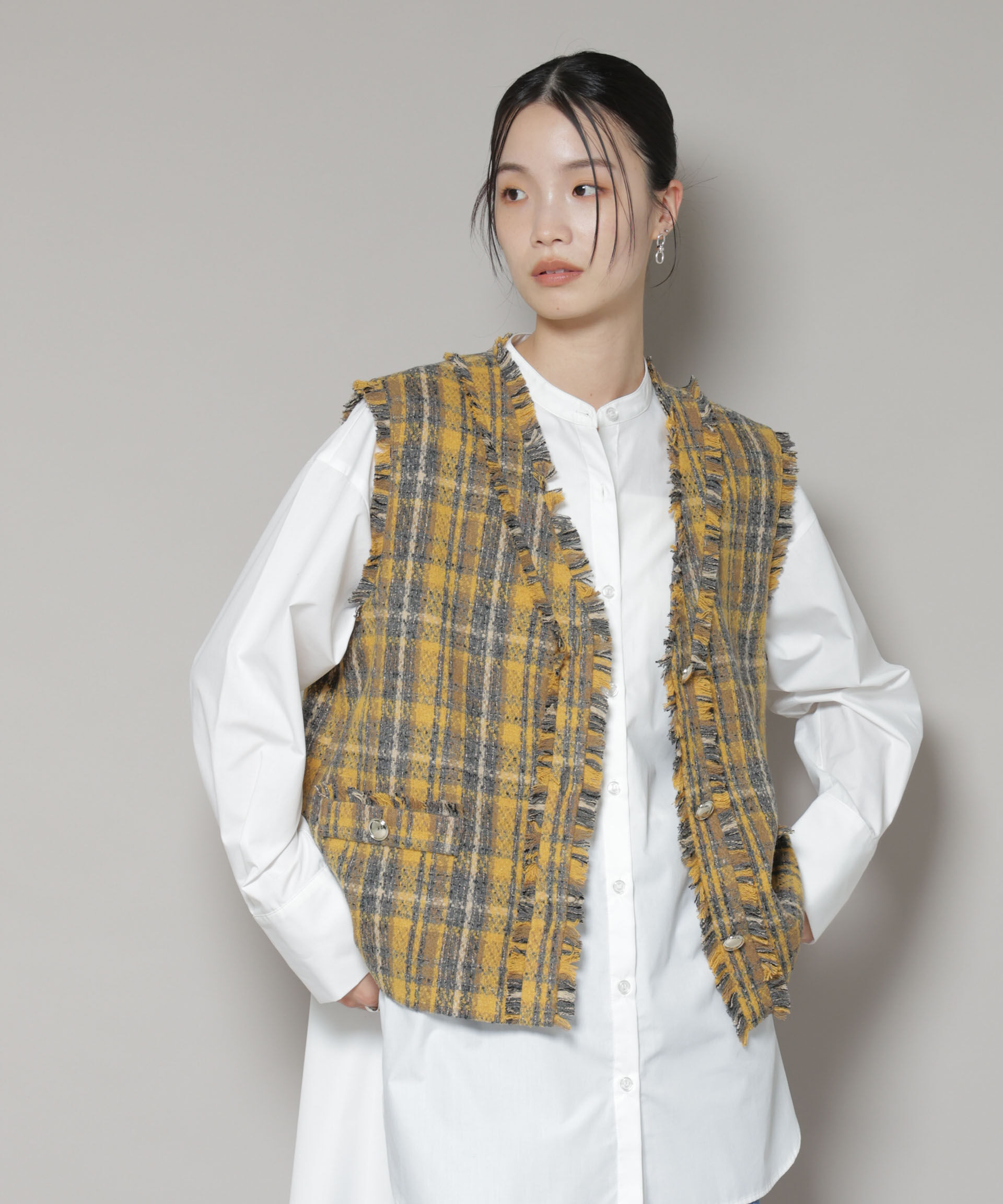 nano･universe「チェックフリンジ金ボタンジレ(セットアップ可)」|テーラードジャケット|キャメル4