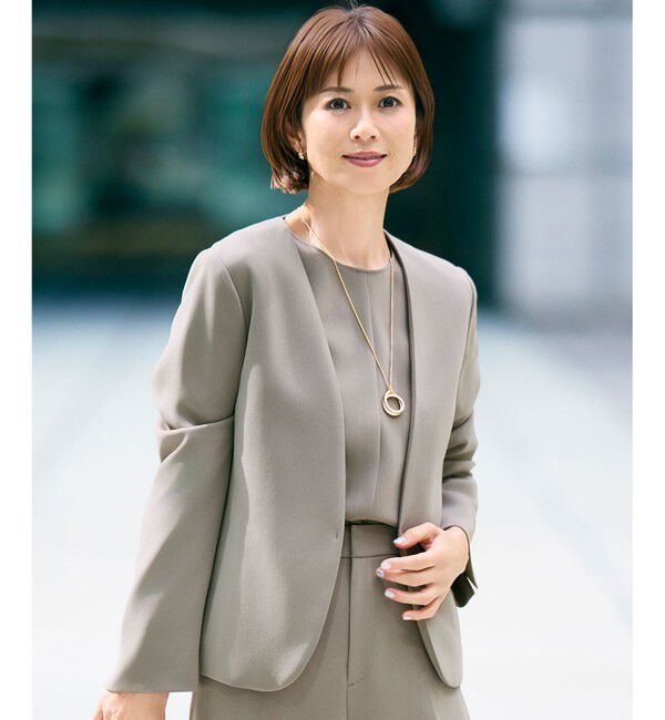 自由区「【セットアップ対応】トリアセダブルクロスノーカラー ジャケット」|ノーカラージャケット|モカ