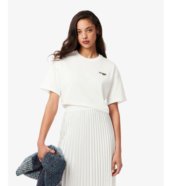 LACOSTE「ネーム＆ワニロゴパッチクロップド半袖Tシャツ」|Tシャツ・カットソー|