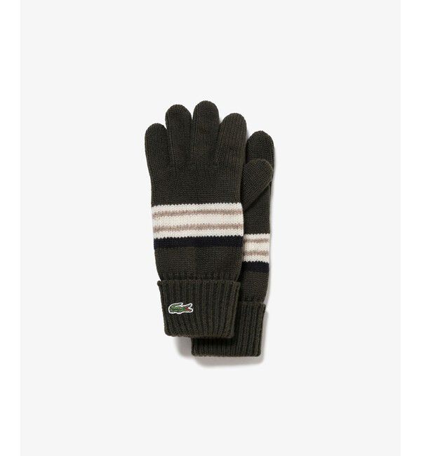LACOSTE「エクストラファインラムウールボーダーニットグローブ」|手袋|ダークグリーン