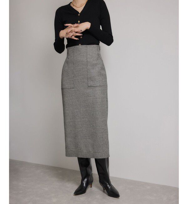 ROPE「[美人スカート]ウールレーヨンポケット付きタイトスカート(ヘリンボーン/グレンチェック)/セットアップ対応」|スカート|ブラック系(03)