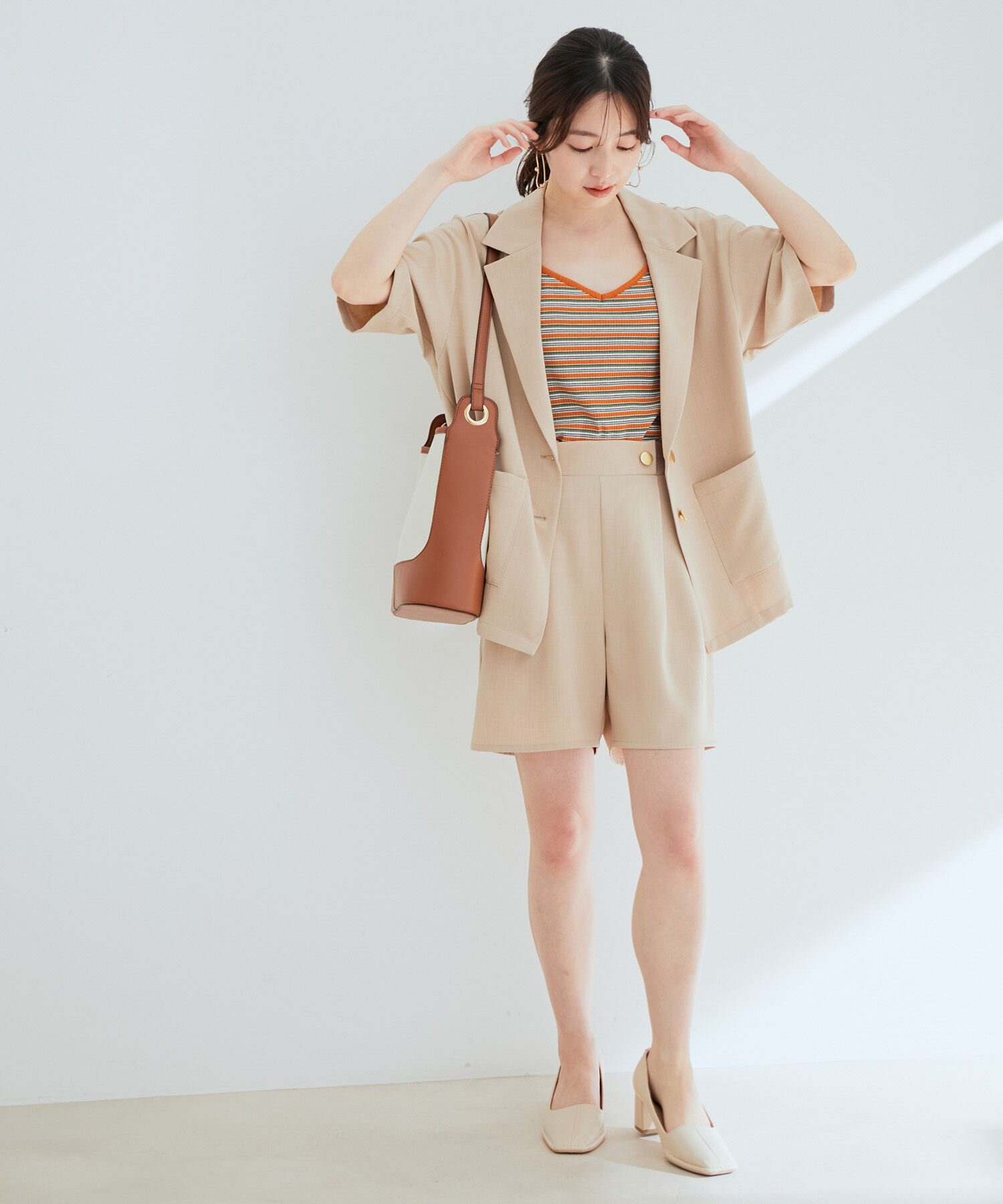 vis-a-vis「【WEB限定】【SET】リネンライク半袖金ボタンジャケット＆ハーフパンツセット【洗濯機可】」|スラックス|