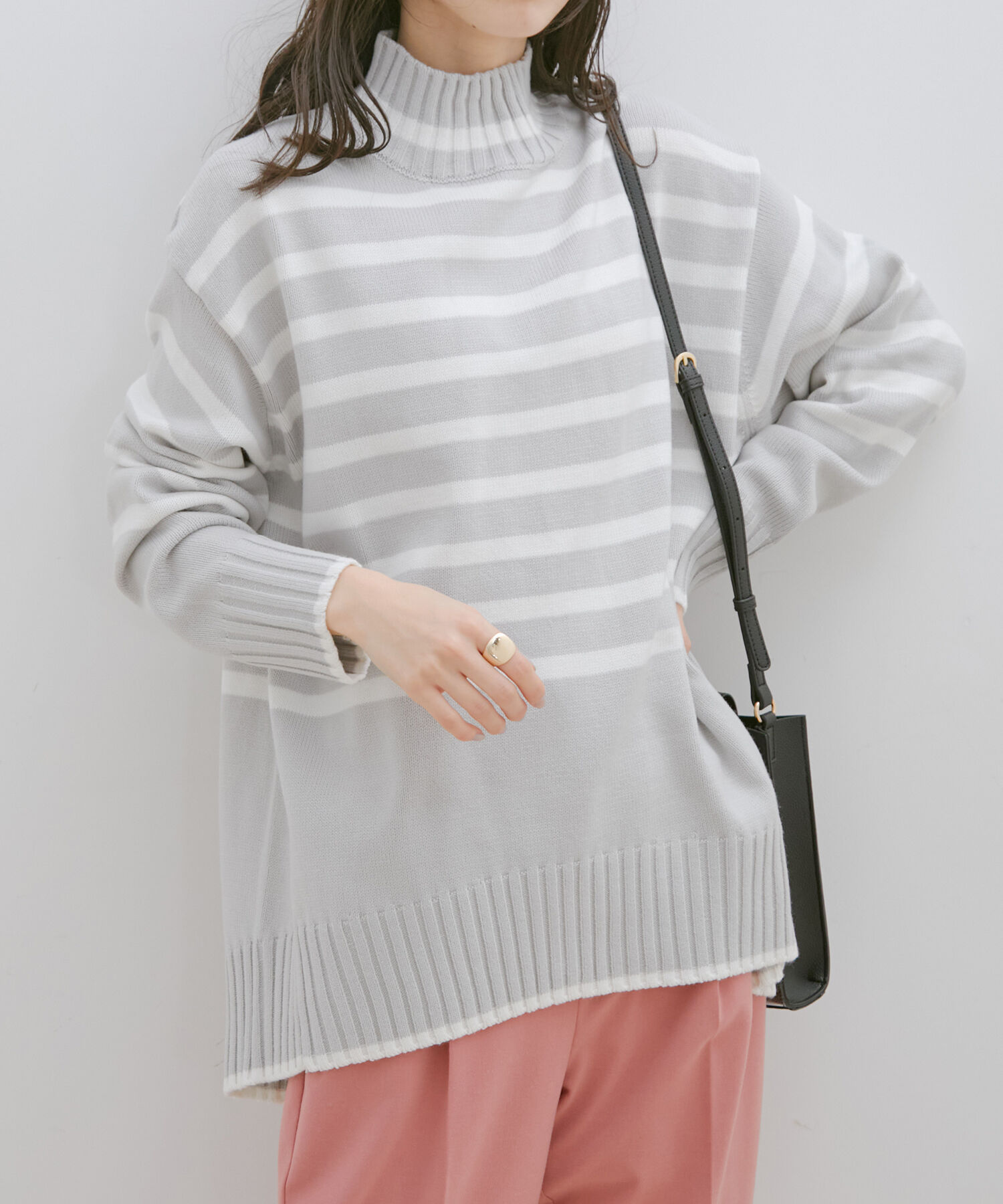 VIS「【洗える】ボーダー＆無地バックスリットニット【sustainable】」|ニット・セーター|グレー系(09)