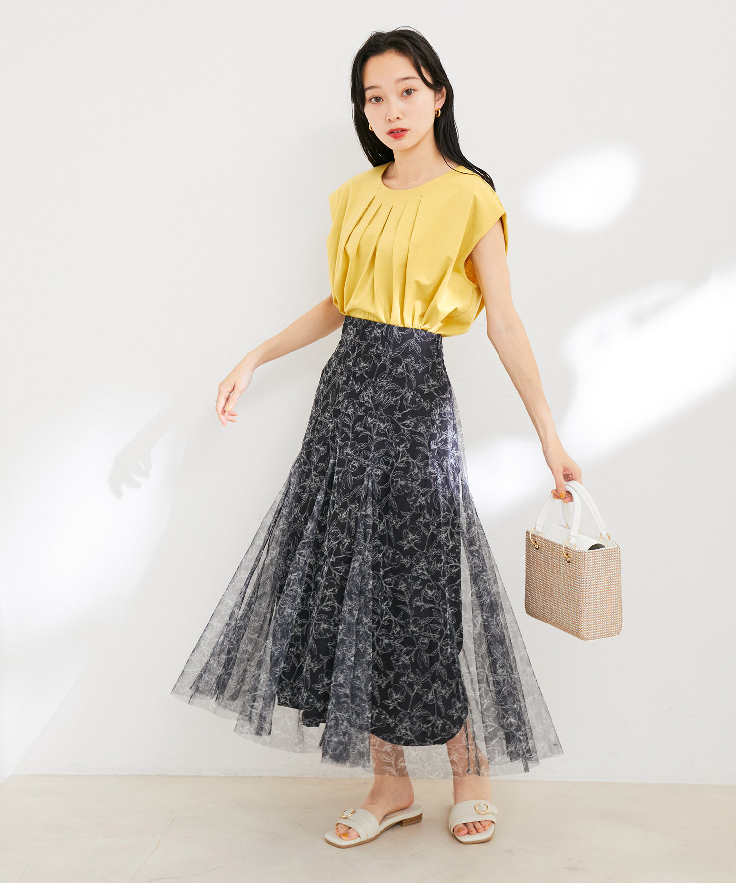 VIS「【洗える】チュール花柄プリントフレアマーメイドスカート」|スカート|