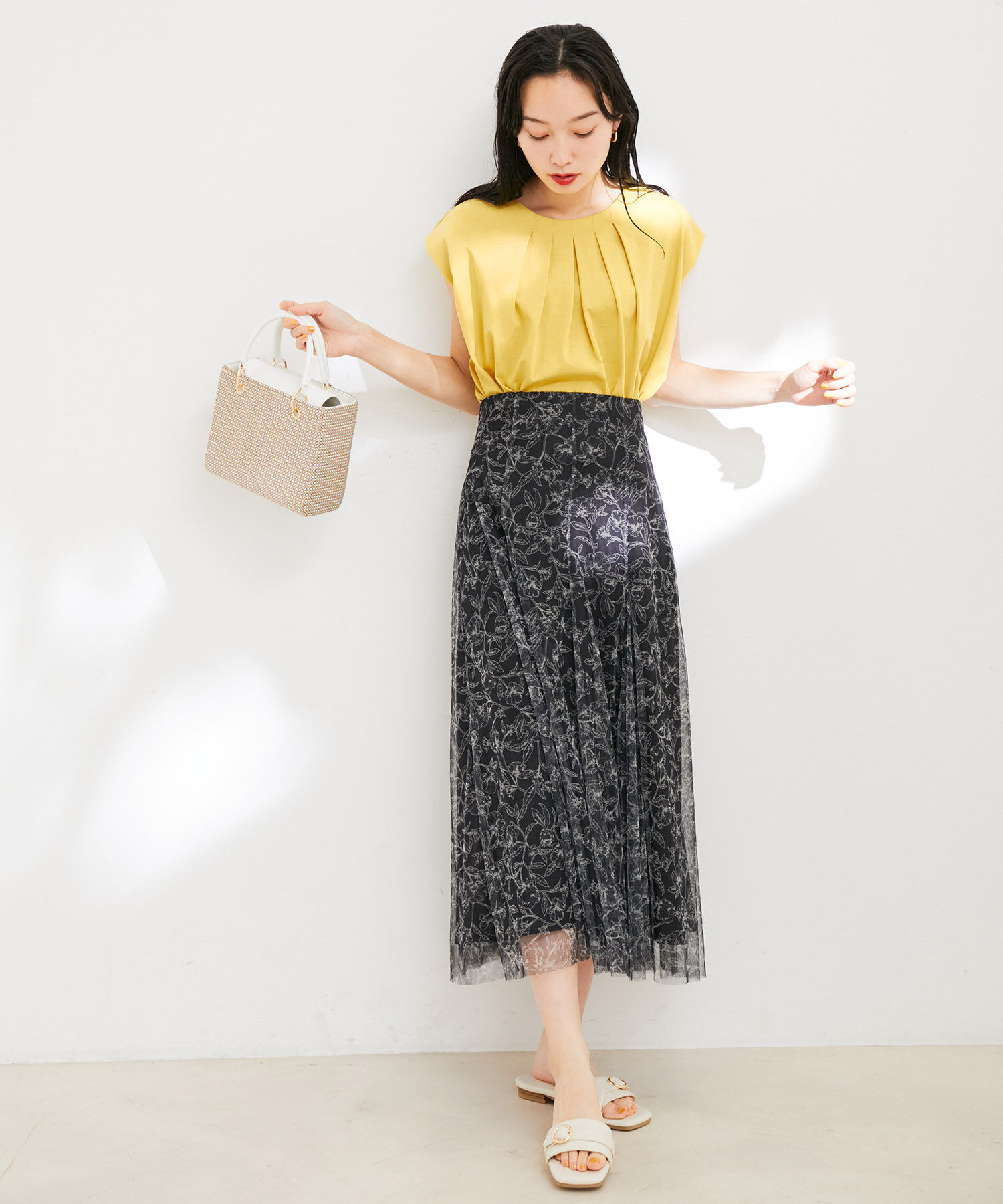 VIS「【洗える】チュール花柄プリントフレアマーメイドスカート」|スカート|