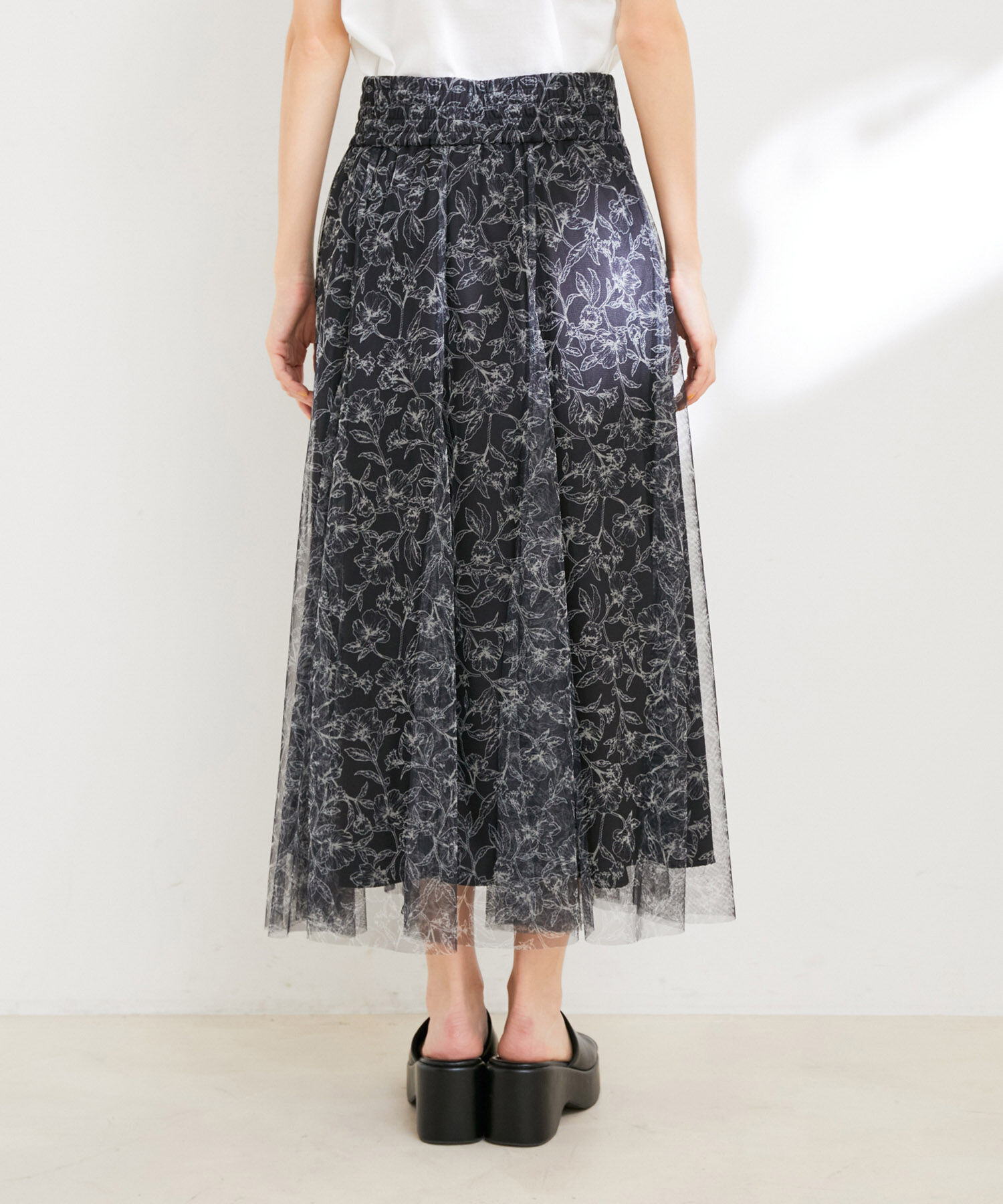 VIS「【洗える】チュール花柄プリントフレアマーメイドスカート」|スカート|