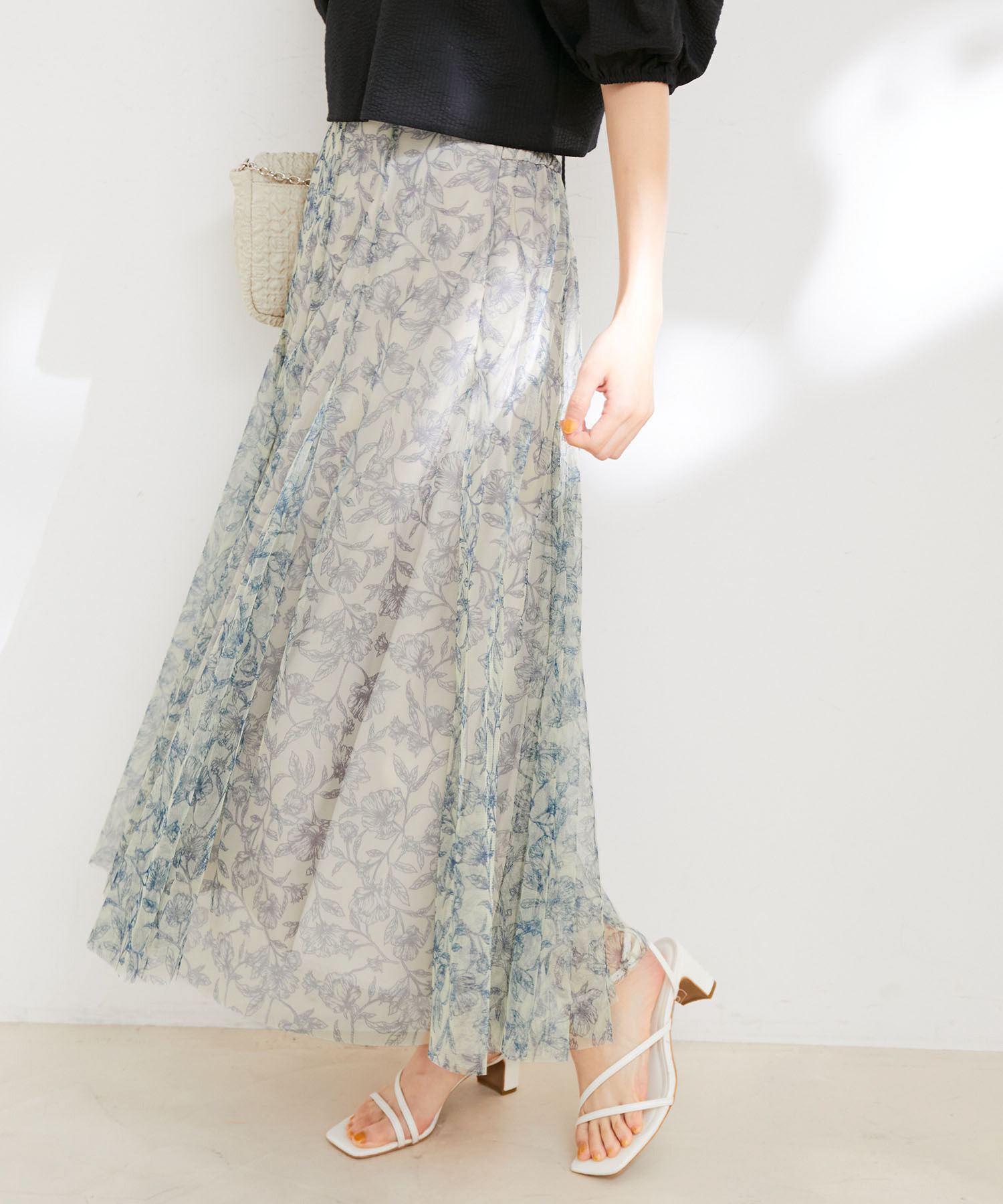 VIS「【洗える】チュール花柄プリントフレアマーメイドスカート」|スカート|ベージュ系(28)