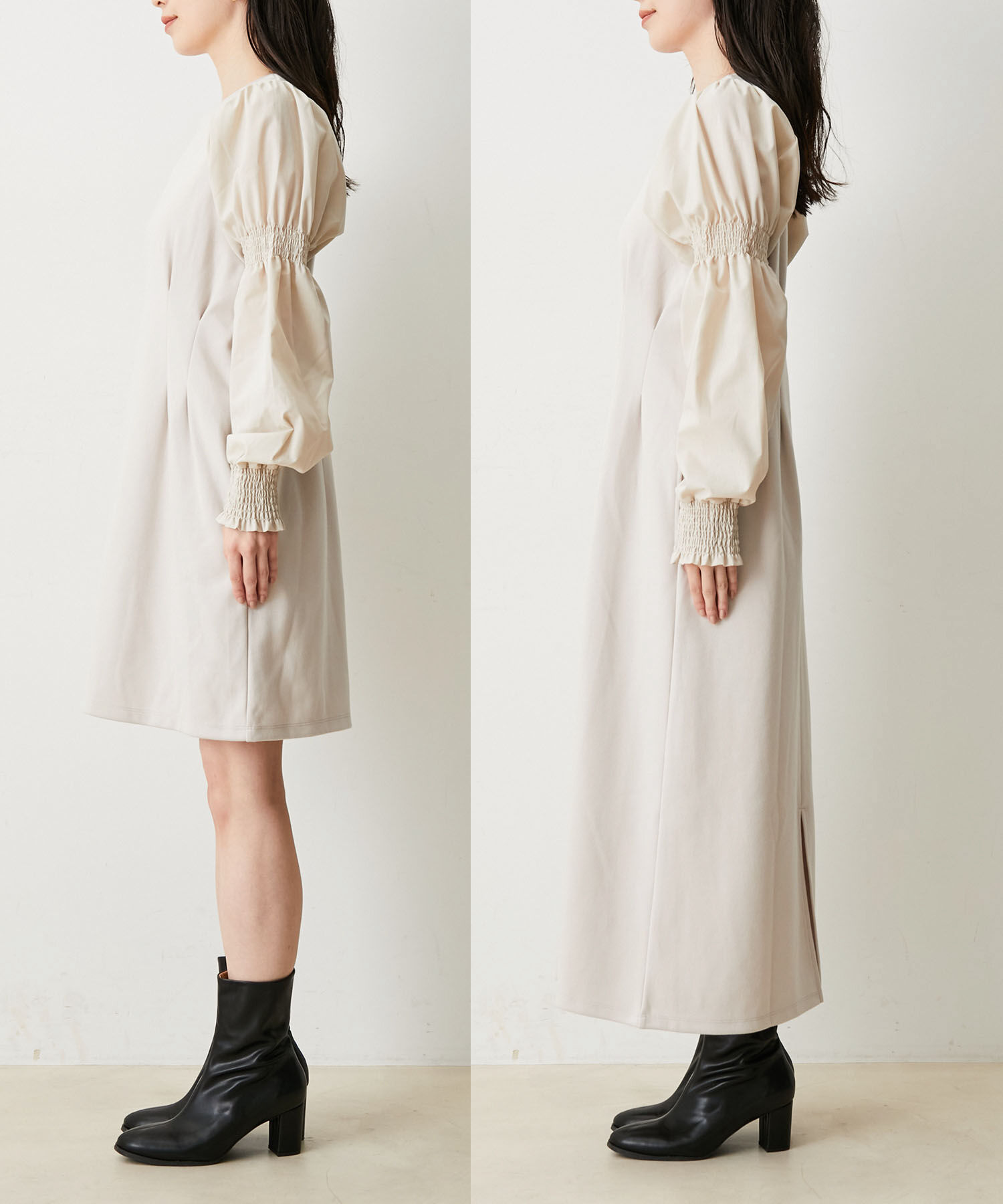 VIS「【選べる着丈】袖シャーリングドッキングワンピース【洗える】」|ワンピース|