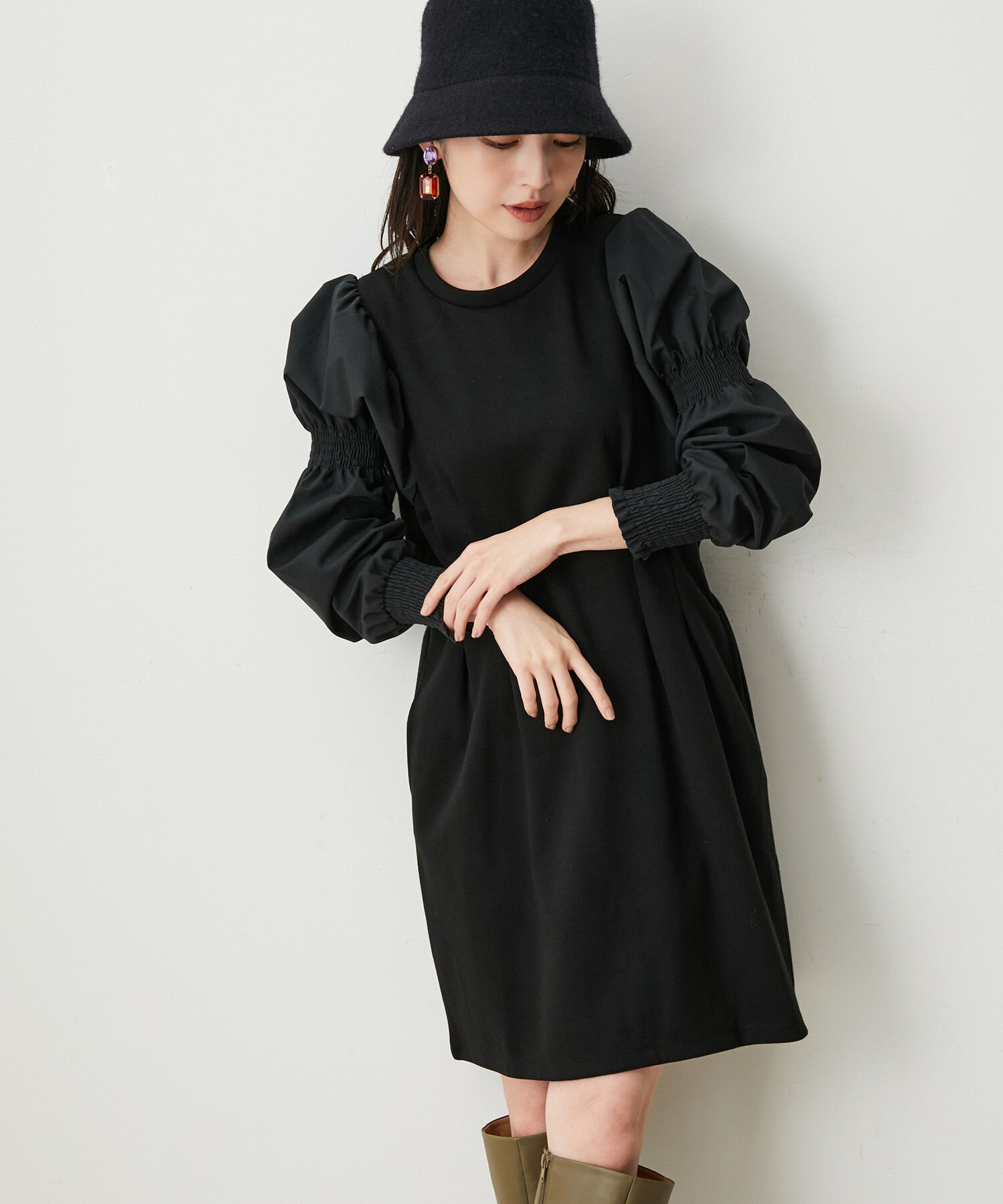 VIS「【選べる着丈】袖シャーリングドッキングワンピース【洗える】」|ワンピース|
