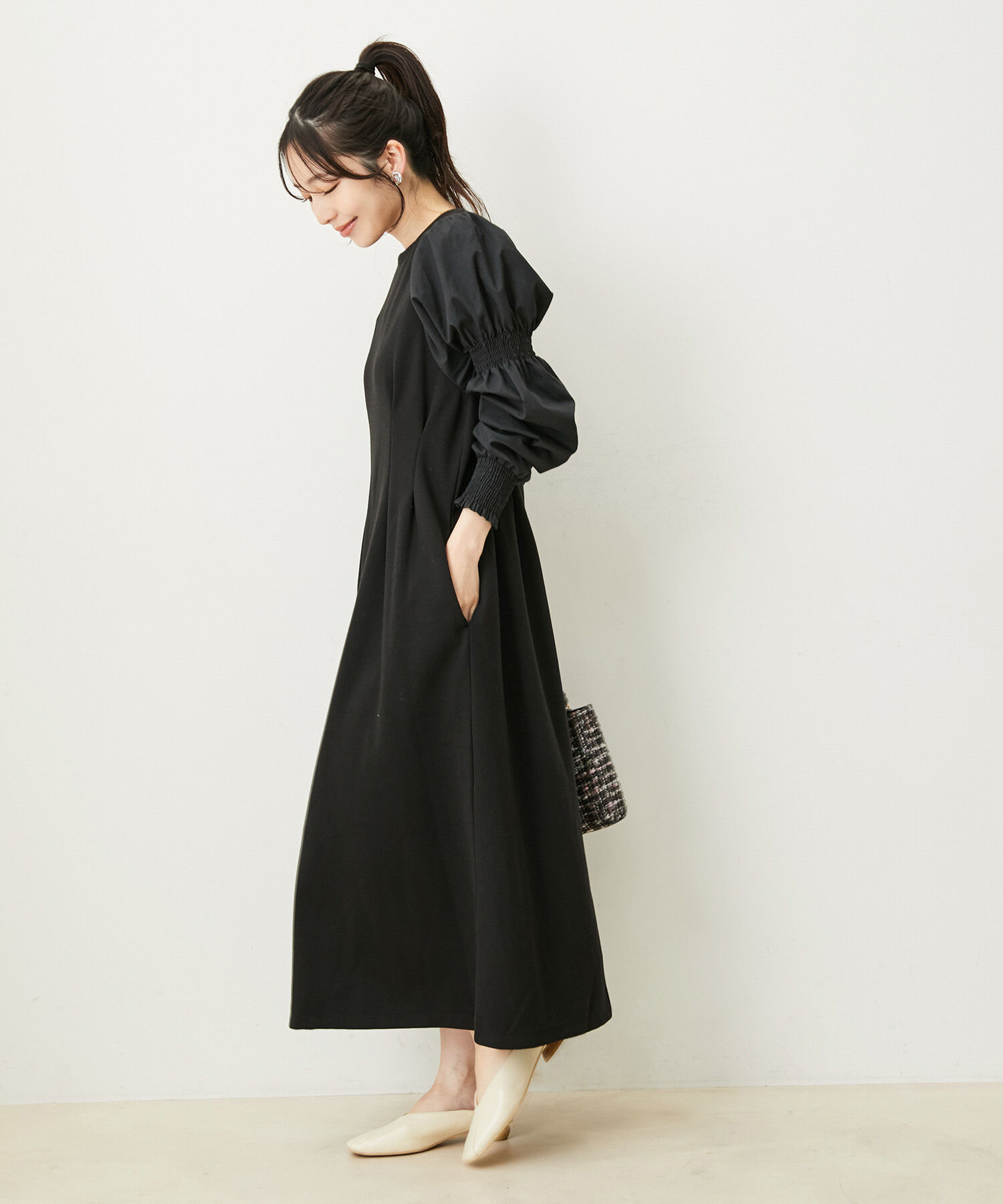 VIS「【選べる着丈】袖シャーリングドッキングワンピース【洗える】」|ワンピース|