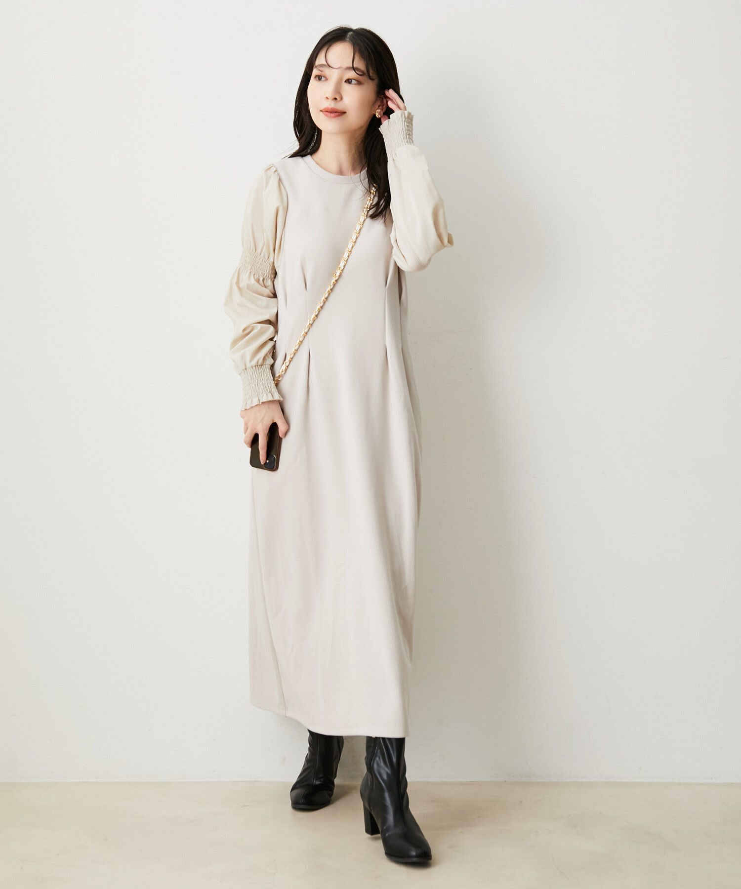 VIS「【選べる着丈】袖シャーリングドッキングワンピース【洗える】」|ワンピース|